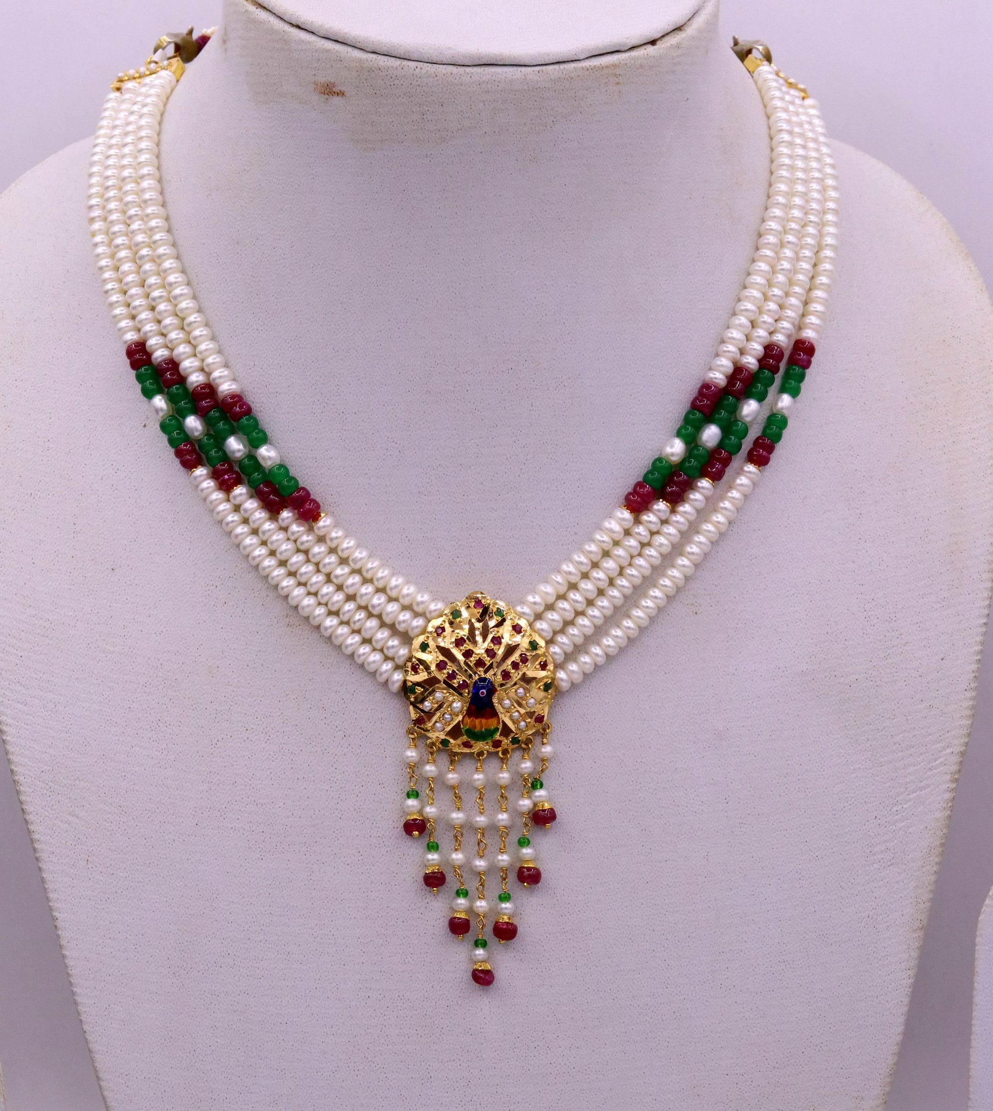 Punjabi muslim rajput style 22kt yellow gold handmade gorgeous peacock design color beads necklace set tribal india jewelry - TRIBAL ORNAMENTS