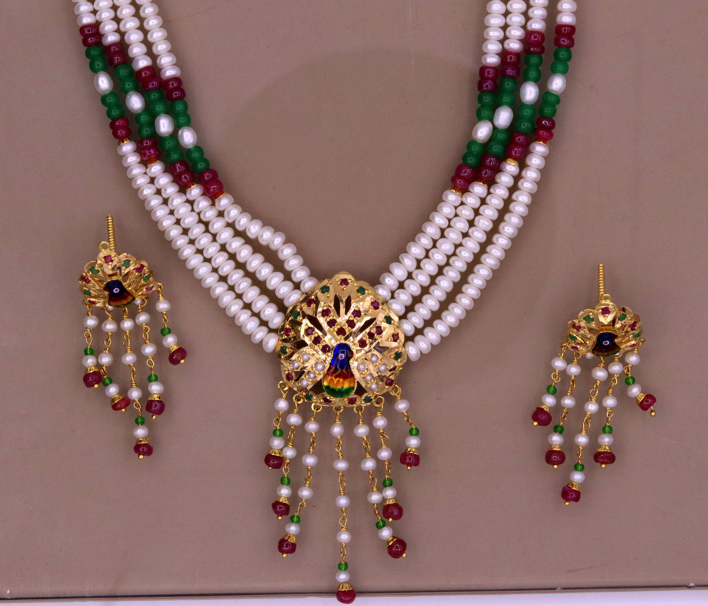 Punjabi muslim rajput style 22kt yellow gold handmade gorgeous peacock design color beads necklace set tribal india jewelry - TRIBAL ORNAMENTS