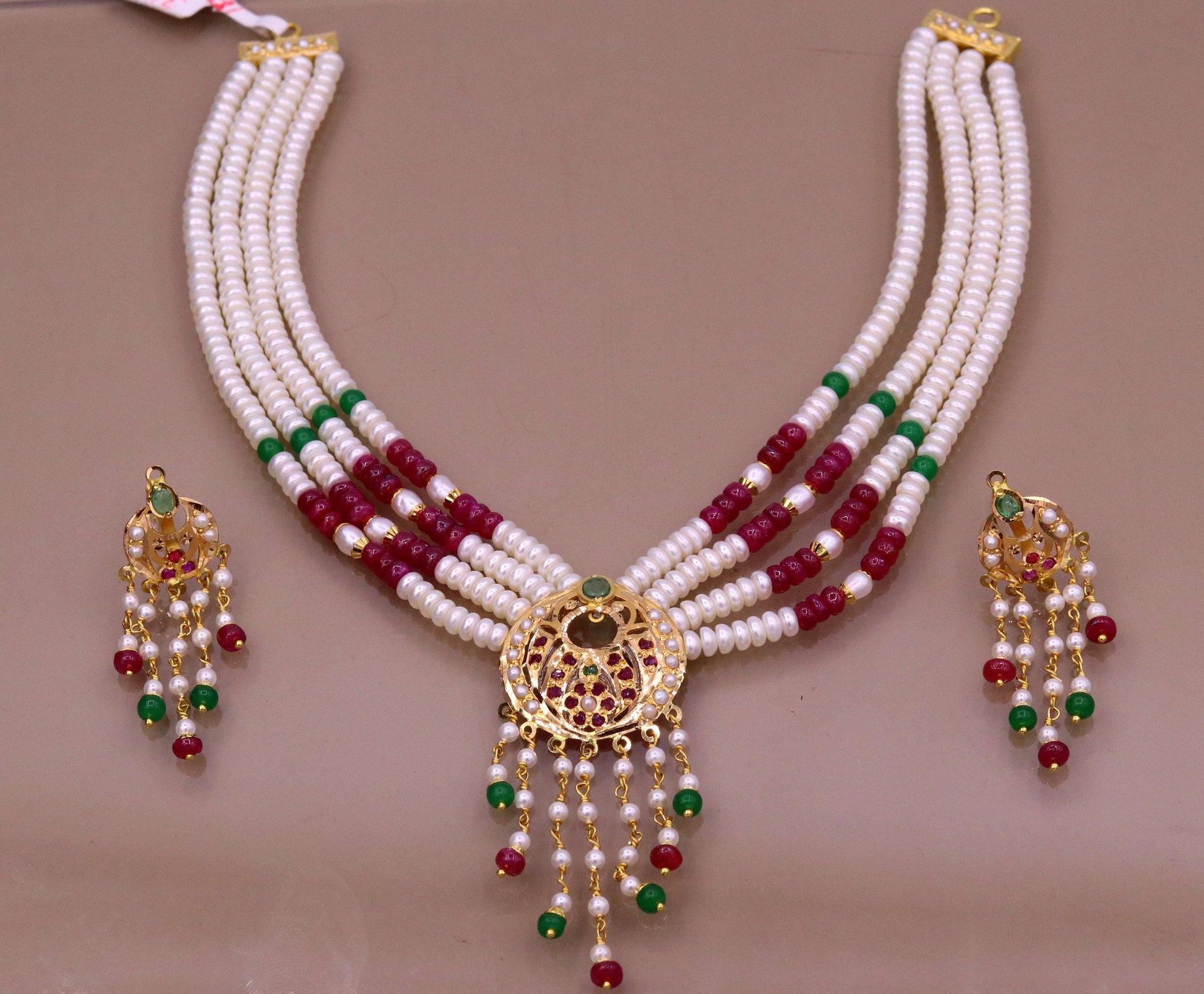 Vintage design handmade 22kt yellow gold fabulous necklace set with amazing hanging color beads, wedding party tribal jewelry india - TRIBAL ORNAMENTS