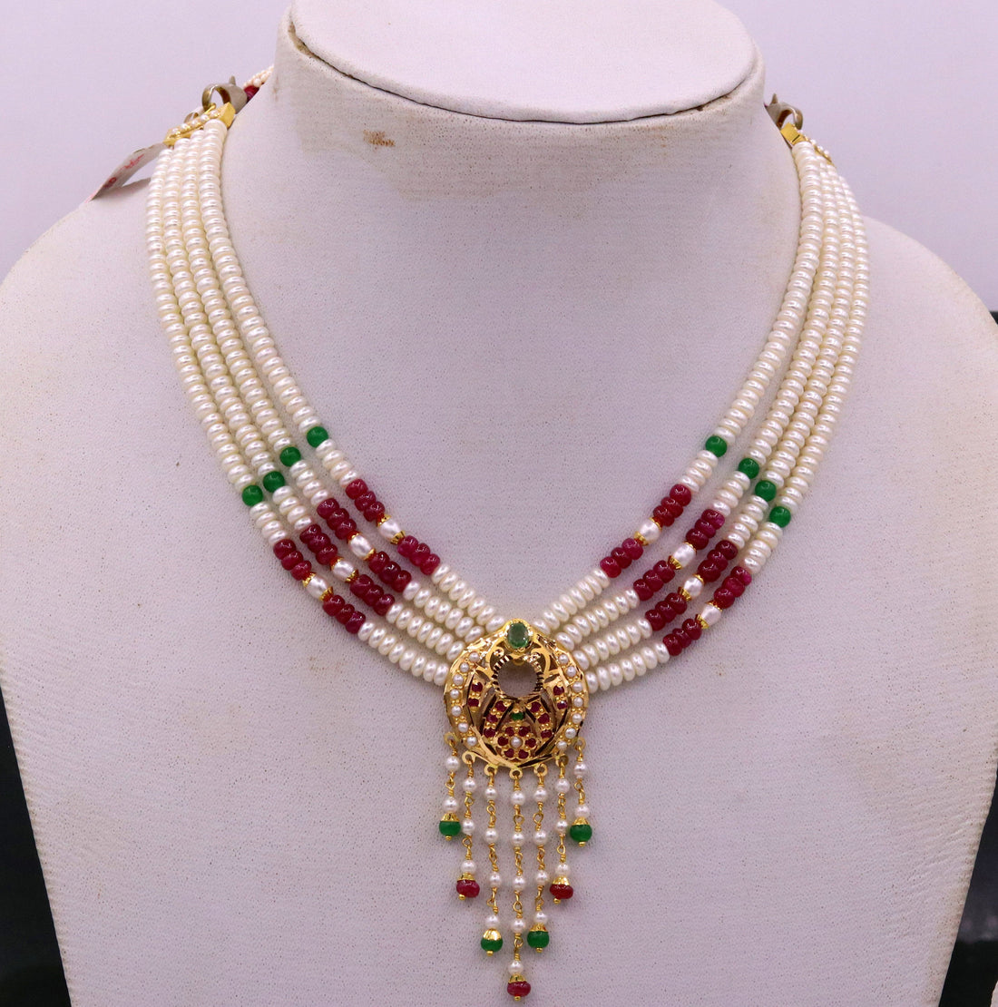 Vintage design handmade 22kt yellow gold fabulous necklace set with amazing hanging color beads, wedding party tribal jewelry india - TRIBAL ORNAMENTS