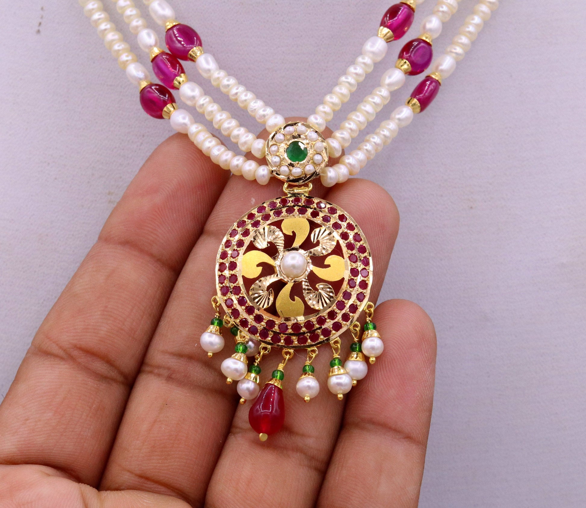Certified 22kt yellow gold handcrafted necklace set with amazing hanging color beads ruby emerald pearl wedding party tribal jewelry india - TRIBAL ORNAMENTS