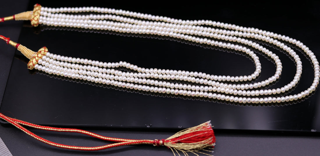 Natural real pearl 4 mm  four line layer string necklace set gorgeous wedding or daily use necklace jewelry from india belly dance set35 - TRIBAL ORNAMENTS