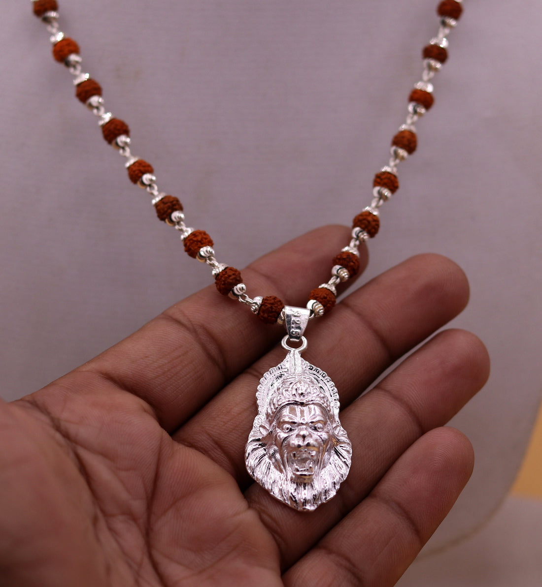 Antique style handmade 925 sterling silver Lord Vishnu avtar narsimha pendant natural Rudraksha beads treble necklace jewelry set37 - TRIBAL ORNAMENTS