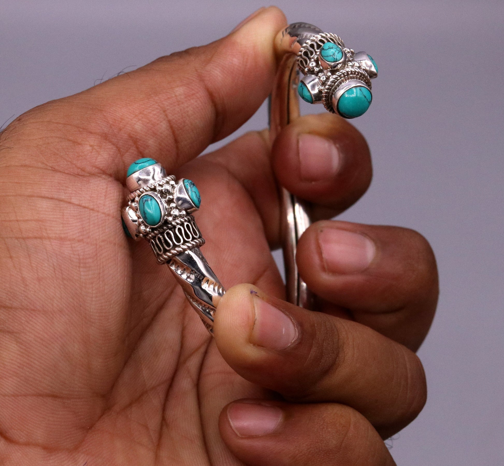 Vintage design handmade 925 sterling silver fabulous turquoise stone jadau bangle bracelet kada unisex customized jewelry from india nsk73 - TRIBAL ORNAMENTS