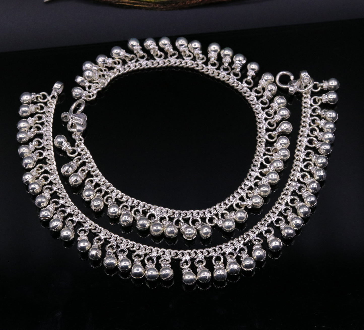 Vintage  antique style sterling silver handmade solid chain ankle bracelet with amazing noisy jingle bells belly genuine jewelry ank12 - TRIBAL ORNAMENTS