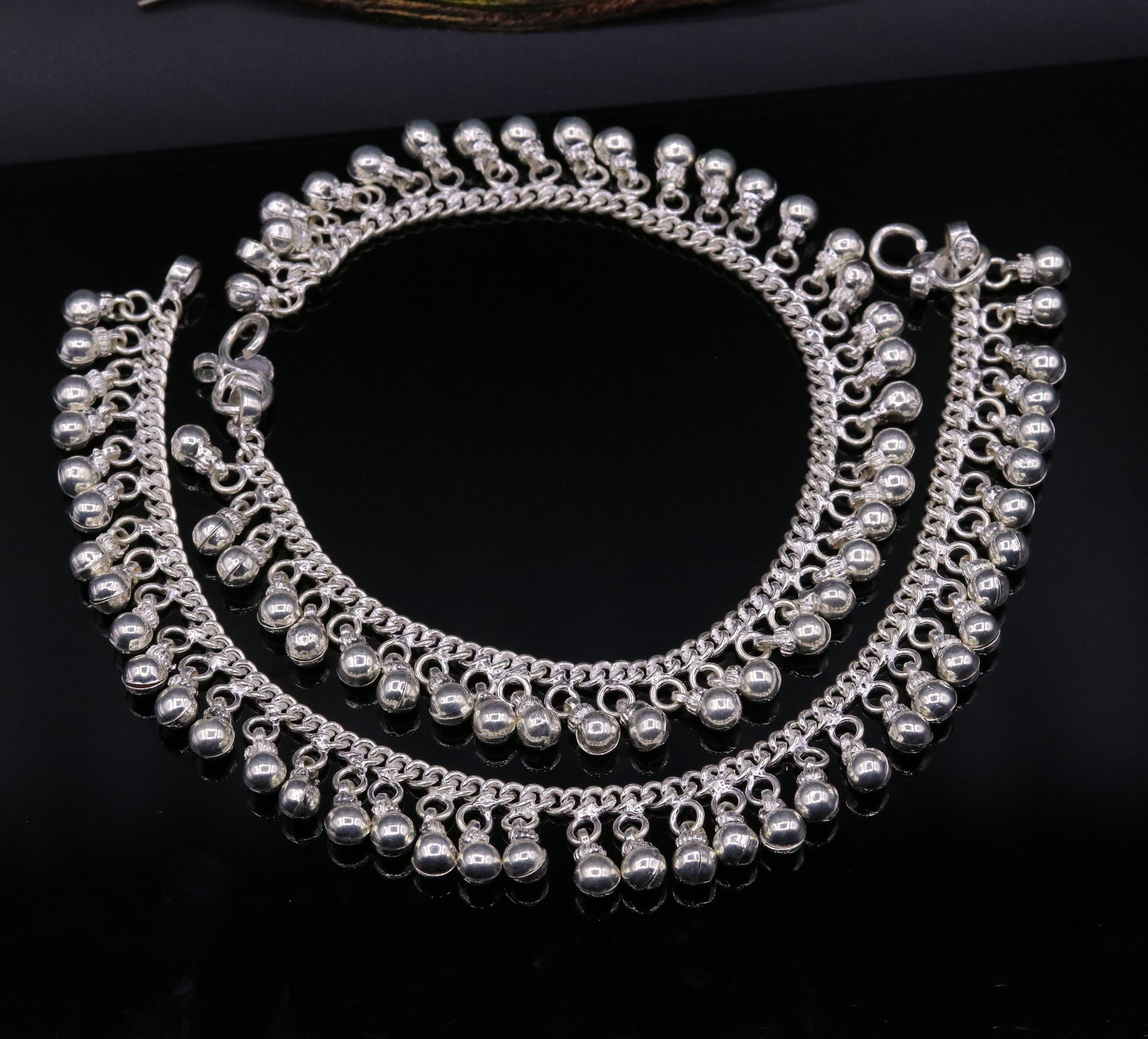 Vintage  antique style sterling silver handmade solid chain ankle bracelet with amazing noisy jingle bells belly genuine jewelry ank12 - TRIBAL ORNAMENTS