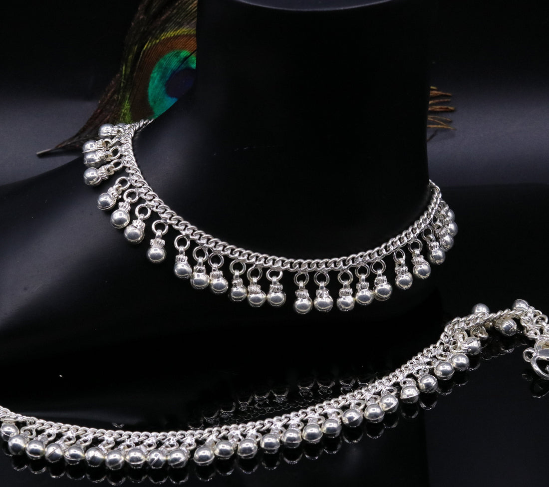 Vintage  antique style sterling silver handmade solid chain ankle bracelet with amazing noisy jingle bells belly genuine jewelry ank12 - TRIBAL ORNAMENTS