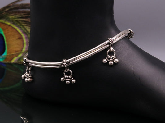 925 Sterling silver Vintage antique snake style handmade anklet, ankle bracelet , foot bracelet with hanging bells belly jewelry ank18 - TRIBAL ORNAMENTS