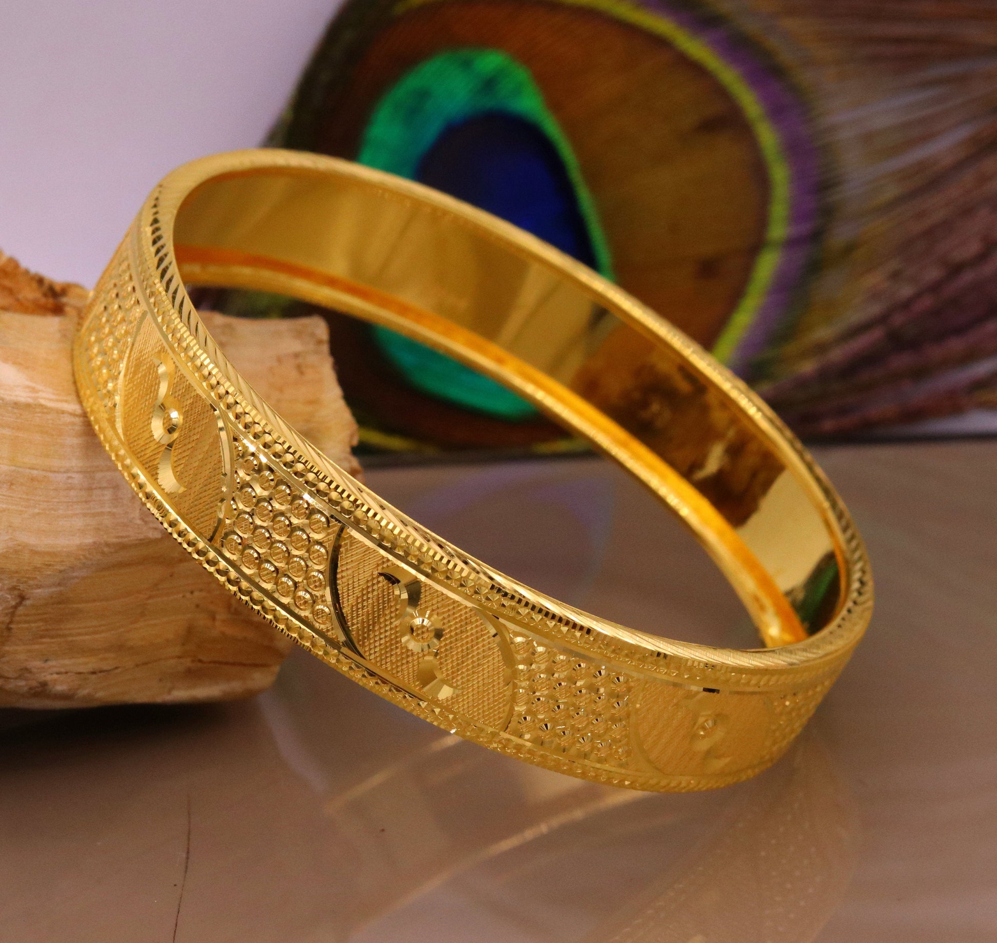 Certified 22kt yellow gold handmade solid bangle bracelet kada jewelry fabulous diamond cut designer jewelry for women's ba46 - TRIBAL ORNAMENTS