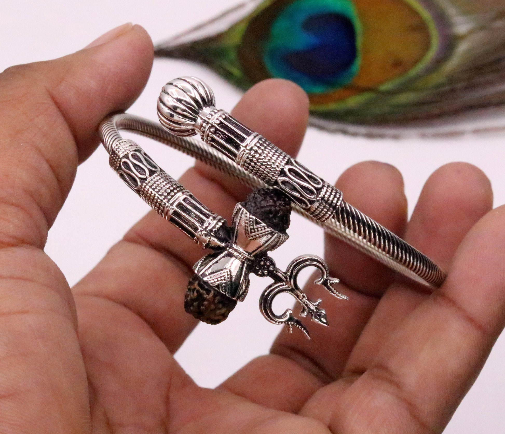 925 sterling handmade gorgeous Rudraksha beads shiva trident kada bahubali kada vintage designer kada bracelet unisex nsk82 - TRIBAL ORNAMENTS