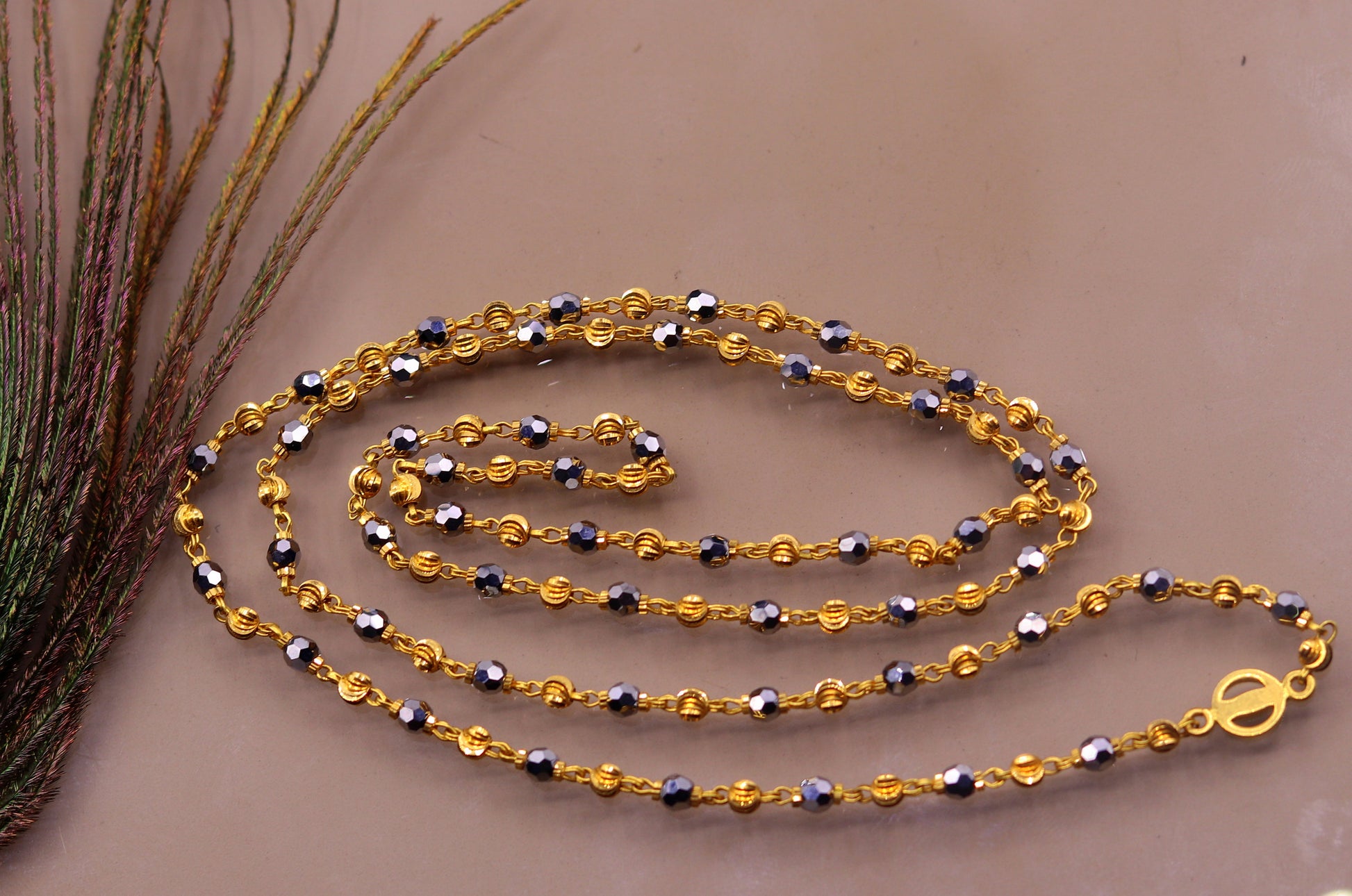 22kt yellow gold handmade fabulous diamond cut design beads with black stone beads mala chain necklace unisex jewelry - TRIBAL ORNAMENTS