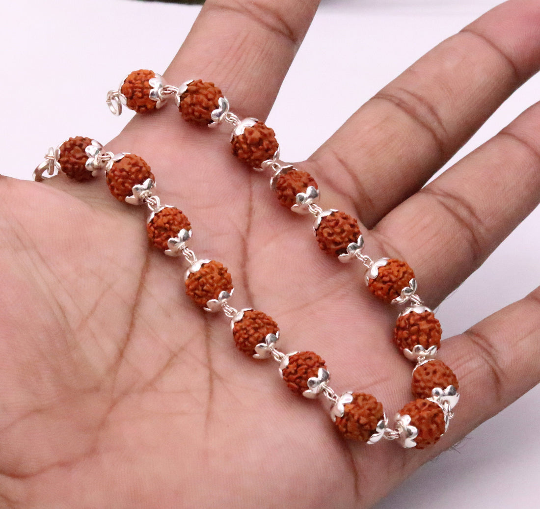 Solid silver handmade Natural Rudraksha beads 8.5 inches long bracelet jewelry from rajasthan india  sbr50 - TRIBAL ORNAMENTS