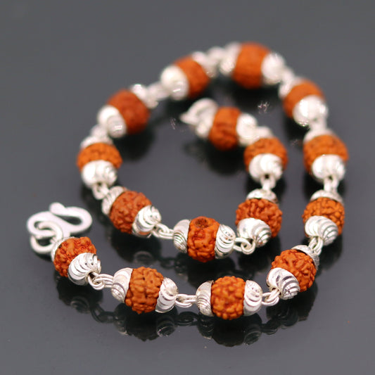Solid silver handmade 6 mm Natural Rudraksha beads bracelet jewelry from Rajasthan India  sbr51 - TRIBAL ORNAMENTS