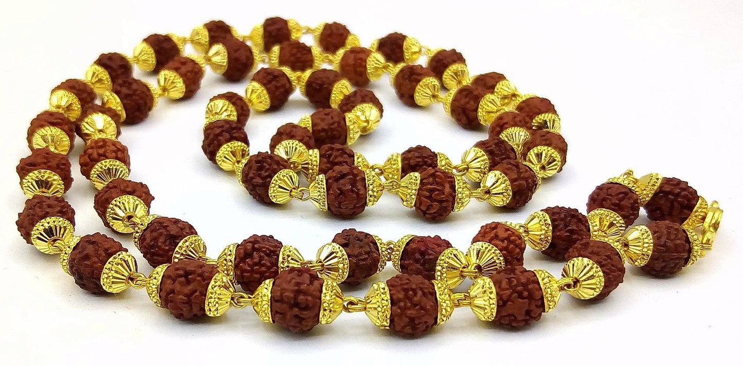 Natural rudraksha 54 bead japp mala certified 22kt yellow gold gorgeous handmade 25 inches  beads chain necklace From rajasthan - TRIBAL ORNAMENTS