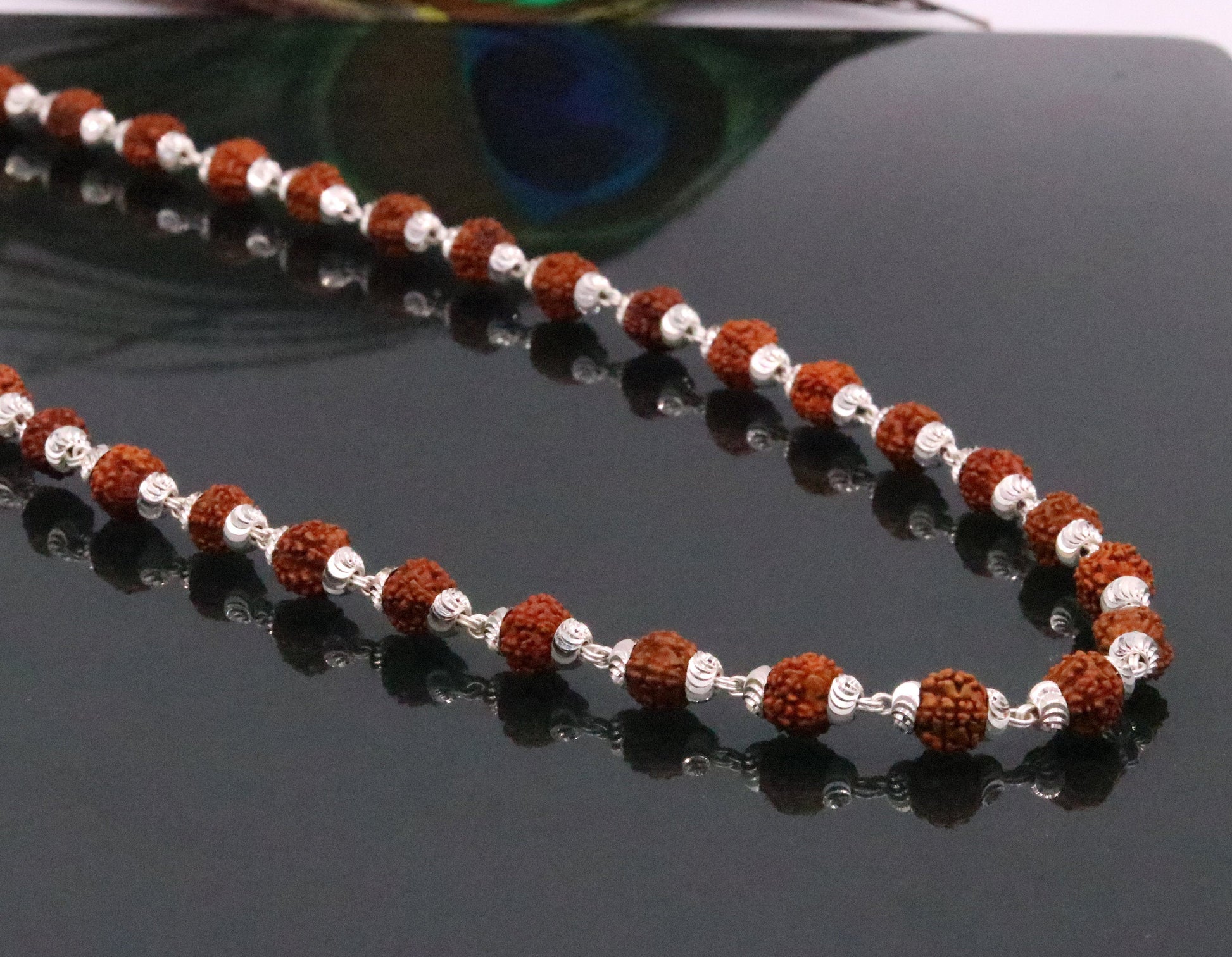 108 beads japp mala Handmade Sterling silver gorgeous natural rudraksh beads 54 inches long necklace from rajasthan india ch39 - TRIBAL ORNAMENTS