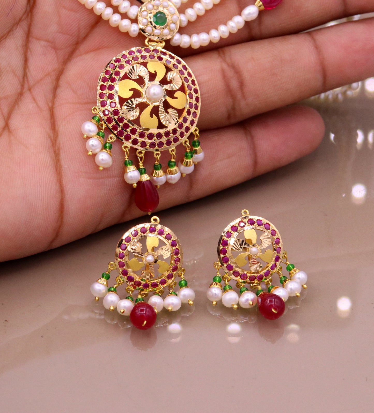 Certified 22kt yellow gold handcrafted necklace set with amazing hanging color beads ruby emerald pearl wedding party tribal jewelry india - TRIBAL ORNAMENTS