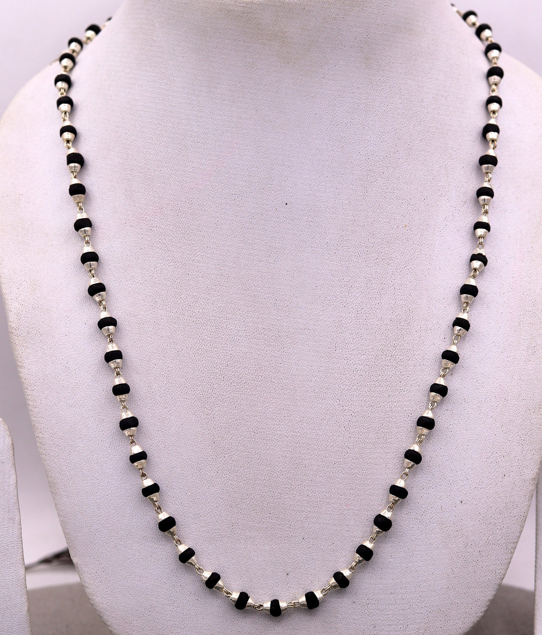 Handmade Sterling silver black basil rosary wood beads chain necklace for meditation excellent unisex tulsimala from india ch40 - TRIBAL ORNAMENTS