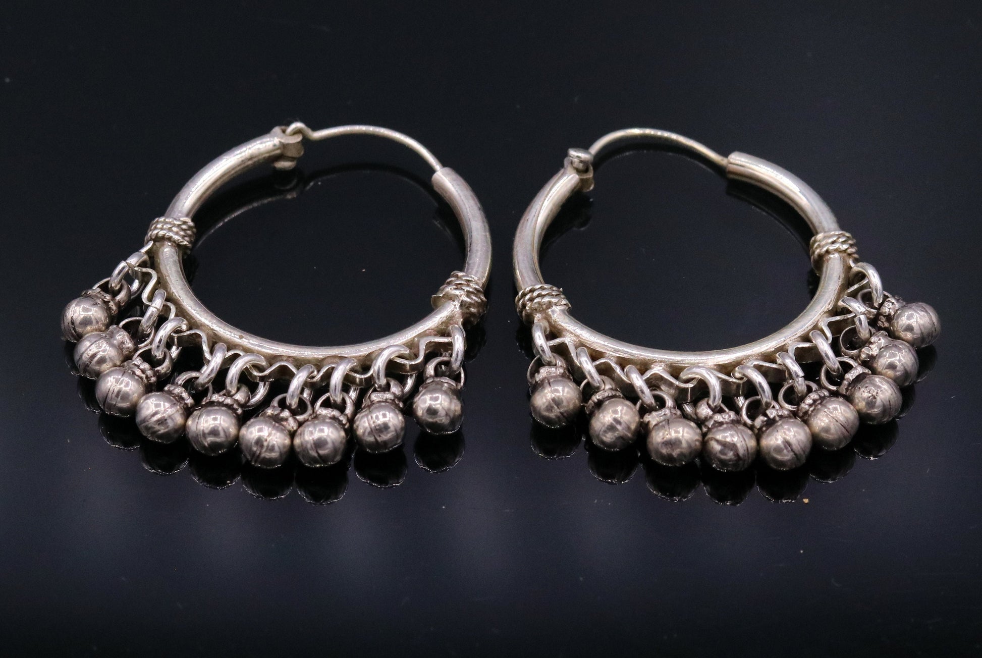 925 Sterling silver handmade fabulous hoops earrings with hanging bells amazing antique designer earrings jewelry for girl's s334 - TRIBAL ORNAMENTS