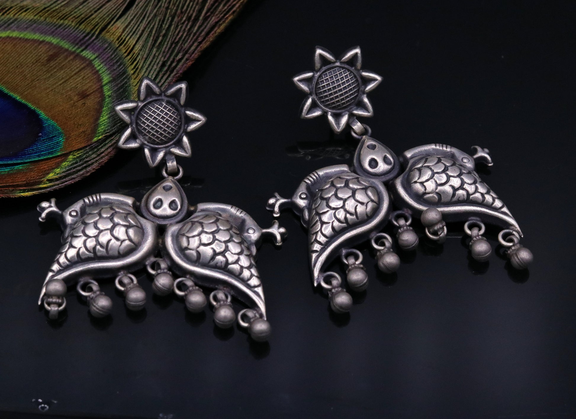 925 sterling silver Vintage antique style peacock Earrings with hanging bells stud earrings belly dance jewelry form girls women's s347 - TRIBAL ORNAMENTS