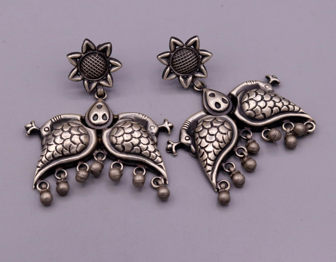925 sterling silver Vintage antique style peacock Earrings with hanging bells stud earrings belly dance jewelry form girls women's s347 - TRIBAL ORNAMENTS