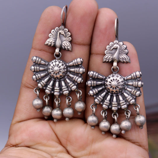 925 sterling silver handmade Vintage antique design gorgeous hoops earrings hanging jingle bells tribal jewelry  s354 - TRIBAL ORNAMENTS
