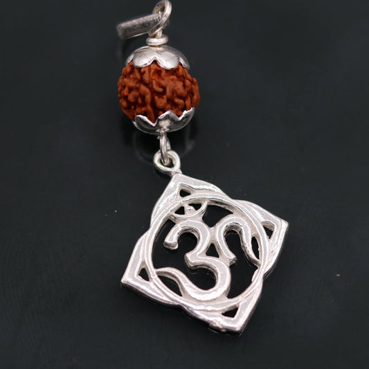 Vintage antique design solid silver handmade aum pendant with natural rudraksh beads pendant jewelry nsp91 - TRIBAL ORNAMENTS