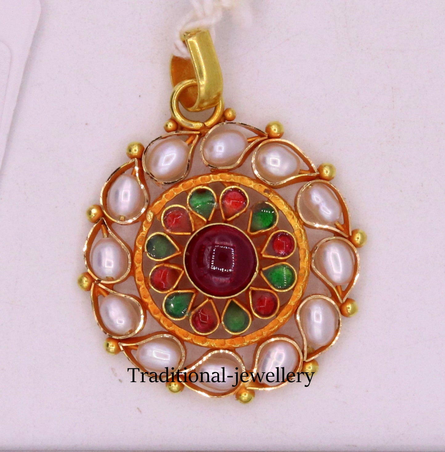 22 karat yellow gold vintage antique style handmade pendant with fabulous pearl and red color stone from tribal Rajasthan india - TRIBAL ORNAMENTS