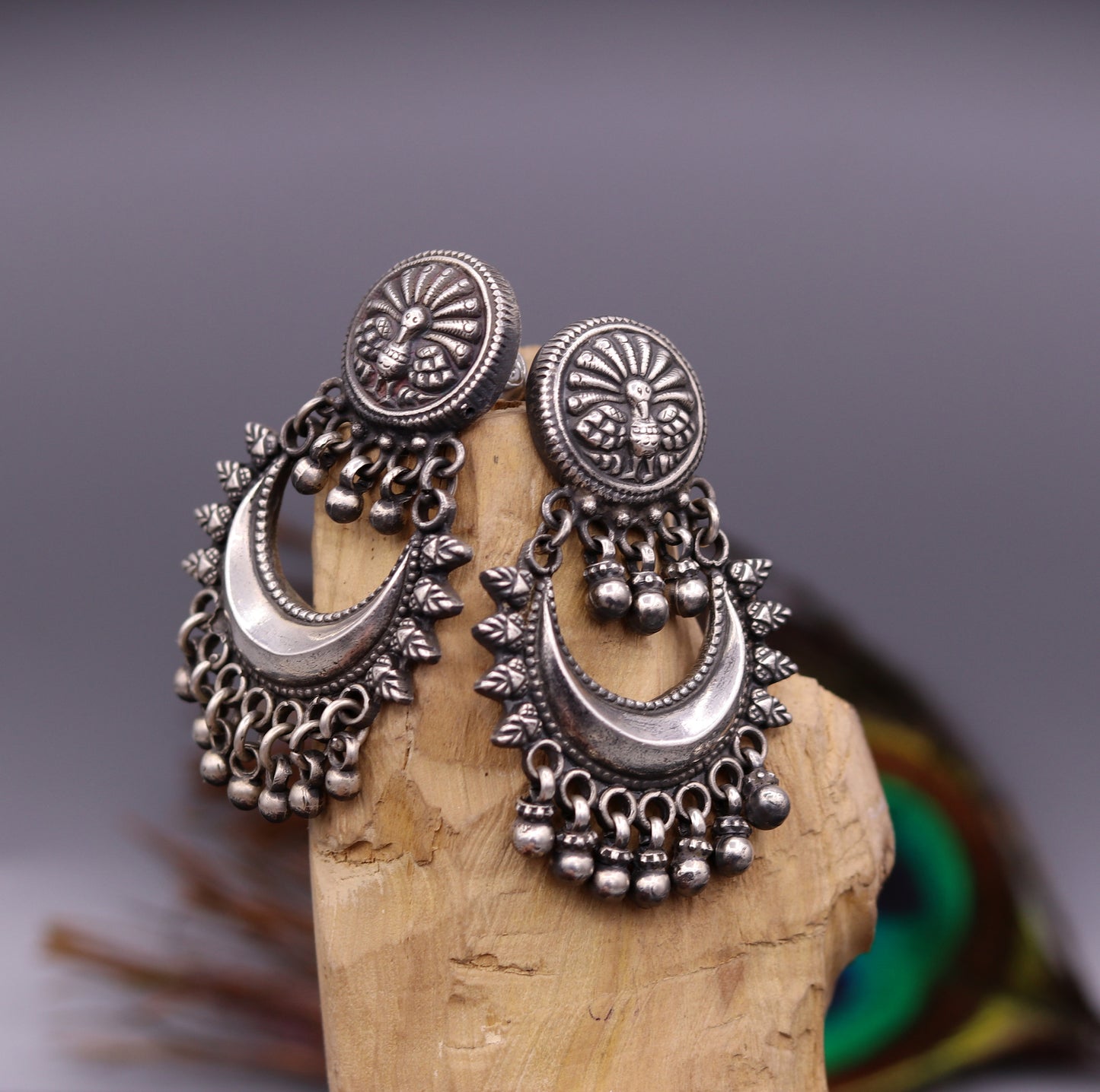 Oxidized 925 sterling silver tribal Earrings,half moon earrings, stud earring hanging bells, drop dangle jewelry wedding party jewelry s380 - TRIBAL ORNAMENTS