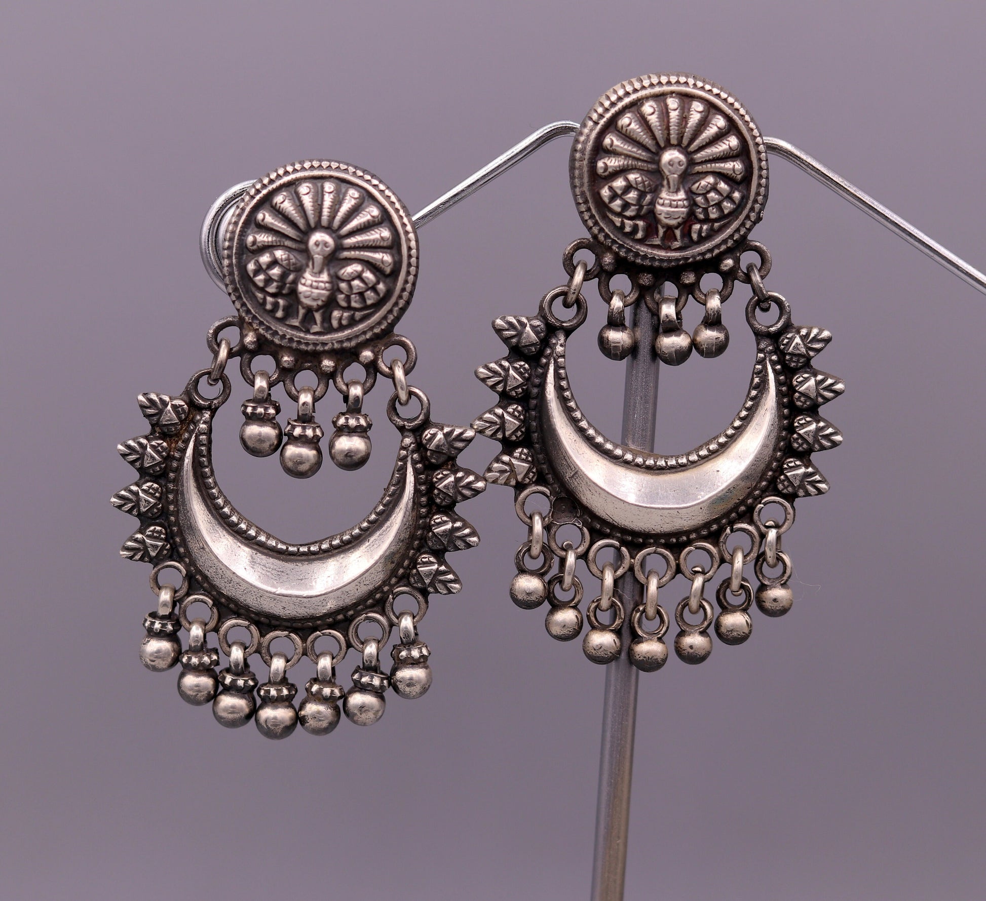 Oxidized 925 sterling silver tribal Earrings,half moon earrings, stud earring hanging bells, drop dangle jewelry wedding party jewelry s380 - TRIBAL ORNAMENTS