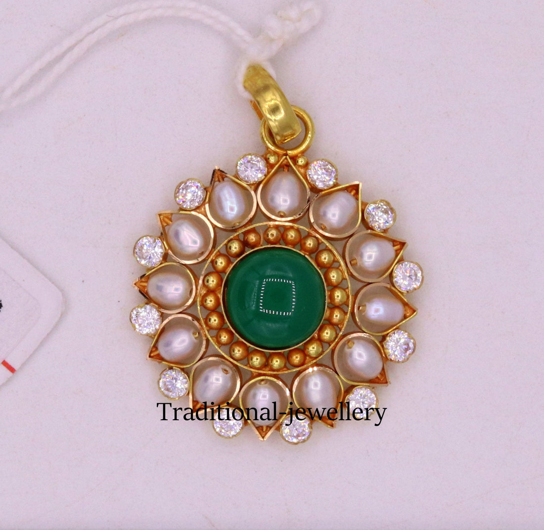 Vintage antique handmade 22kt yellow gold with green onyx and pearl,cubic zircon stone jadau pendant jewelry pp56 - TRIBAL ORNAMENTS