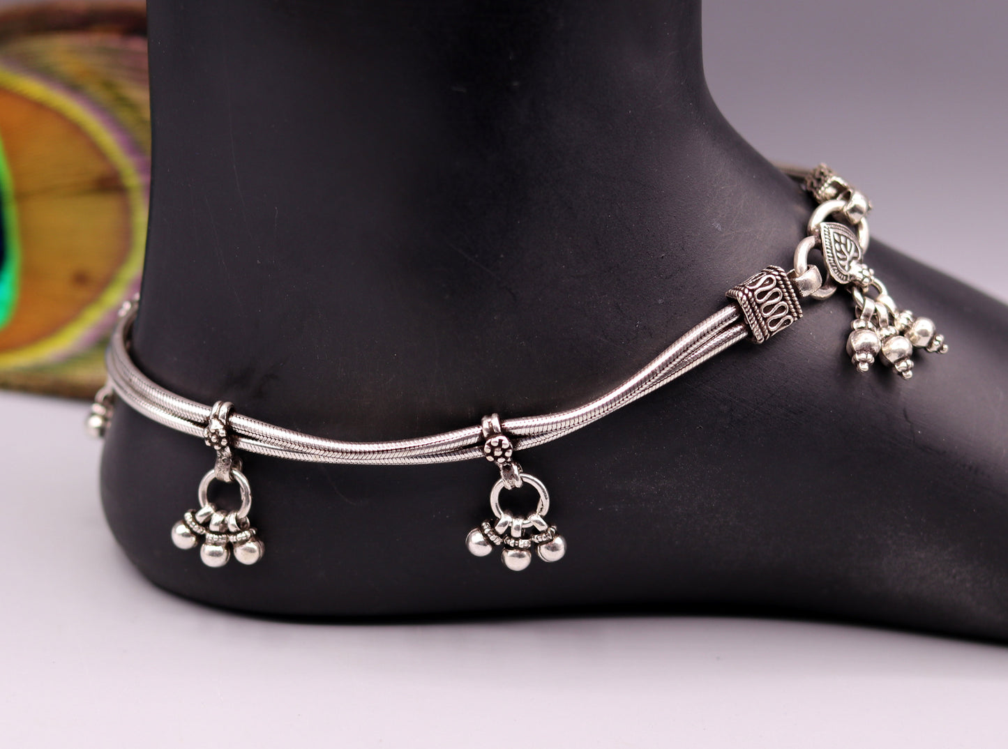 925 Sterling silver handmade charm ankle jewelry vintage design anklet foot bracelet with hanging bells tribal belly dance jewelry ank121 - TRIBAL ORNAMENTS