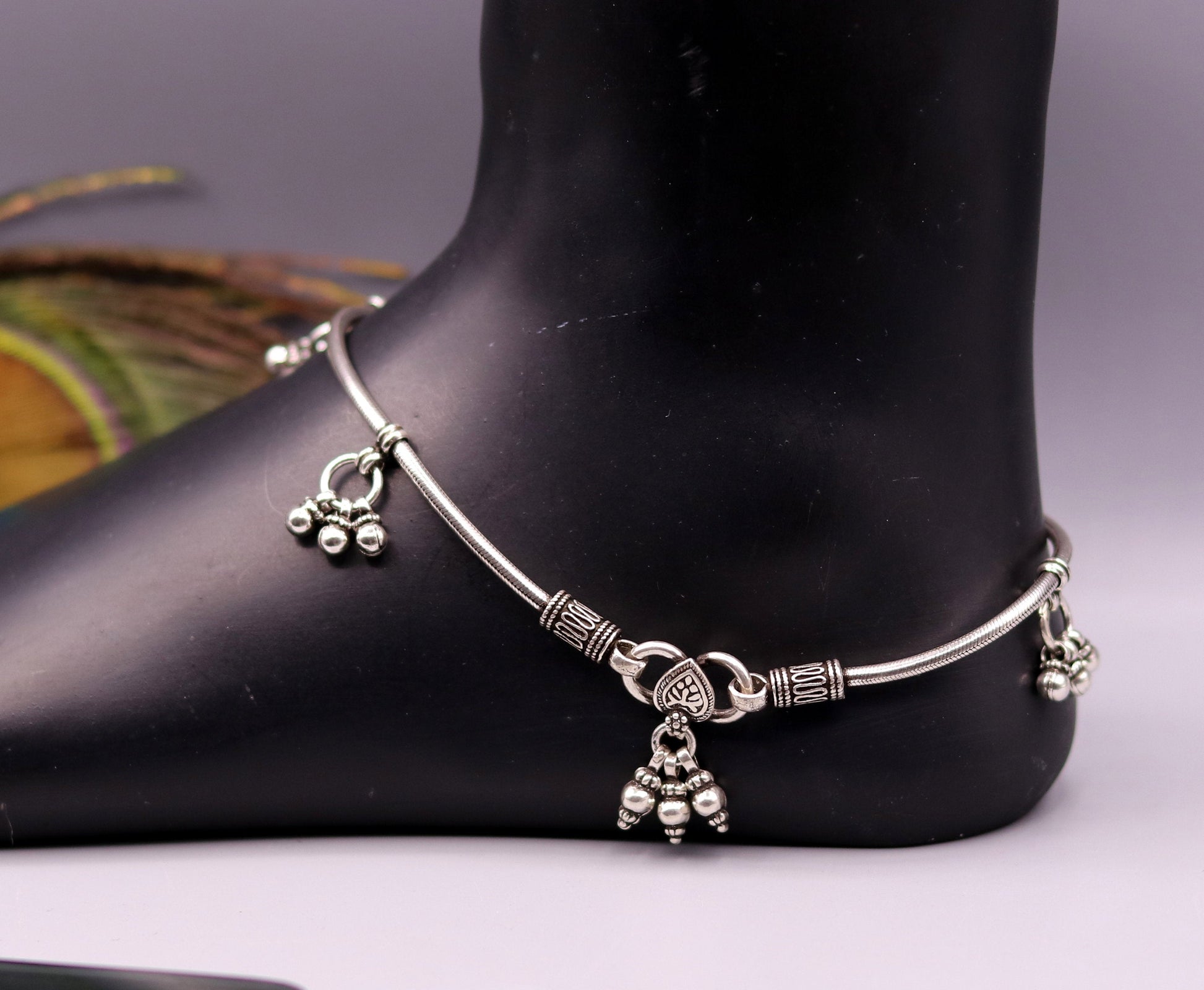 925 Sterling silver vintage handmade antique design stylish anklet foot bracelet hanging bells tribal belly dance charm ankle jewelry ank120 - TRIBAL ORNAMENTS