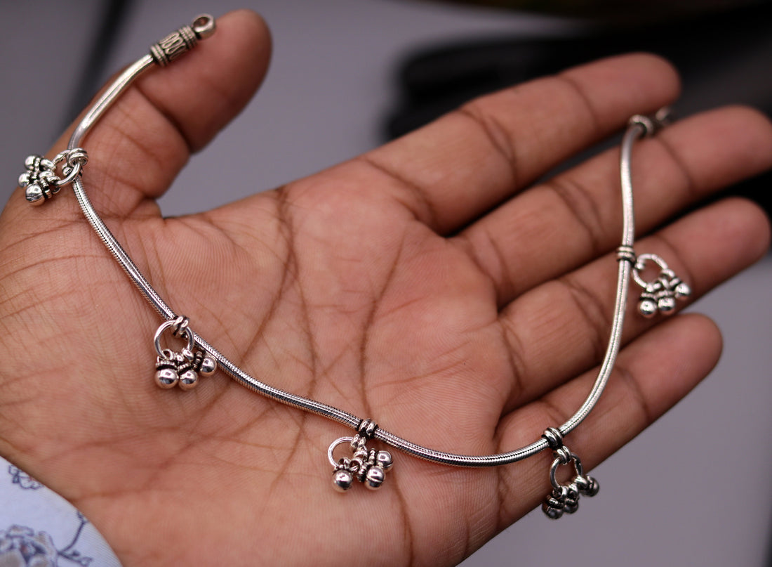 handmade 925 Sterling silver handmade vintage antique design stylish anklet foot bracelet hanging bells tribal belly dance jewelry ank29 - TRIBAL ORNAMENTS