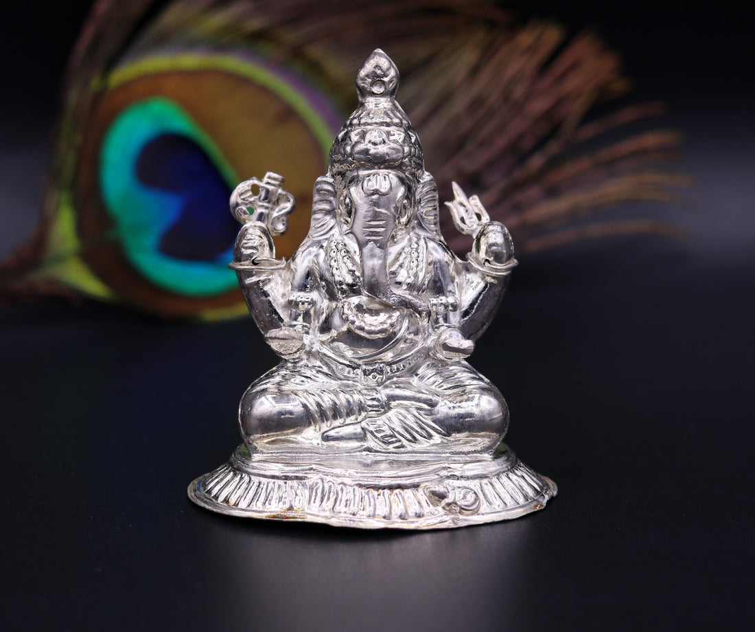 Indian idol lord Ganesha statue Sterling silver handmade gorgeous sculpture for Diwali puja home temple article from Rajasthan India sst02 - TRIBAL ORNAMENTS