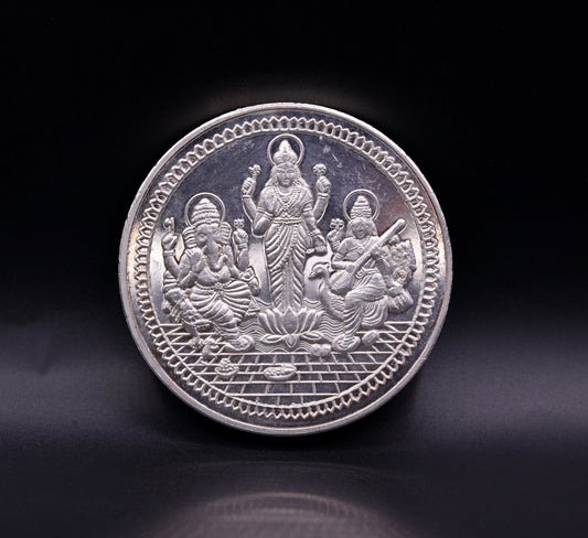 999 solid silver amazing Indian idol lord Ganesha laxmi and sarashwati print 200 grams coin amazing gifting and collcetible coin sst03 - TRIBAL ORNAMENTS