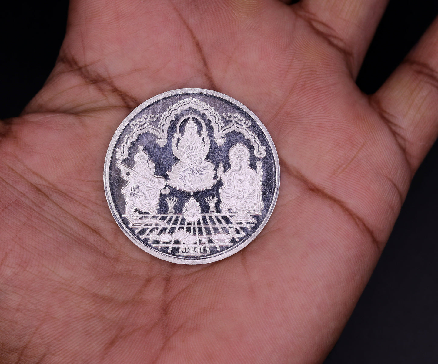 999 solid silver amazing Indian idol lord Ganesha laxmi and sarashwati print 20 grams coin amazing gifting and collcetible coin sst04 - TRIBAL ORNAMENTS