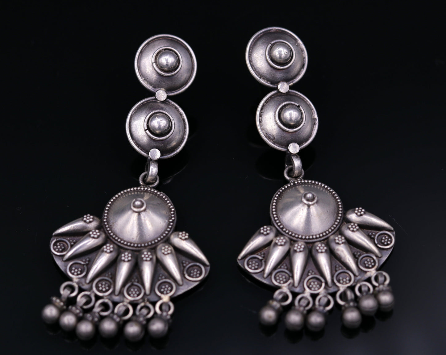 vintage antique design 925 sterling silver drop dangle chandelier long earrings tribal stylish belly dance jewelry from india s680 - TRIBAL ORNAMENTS