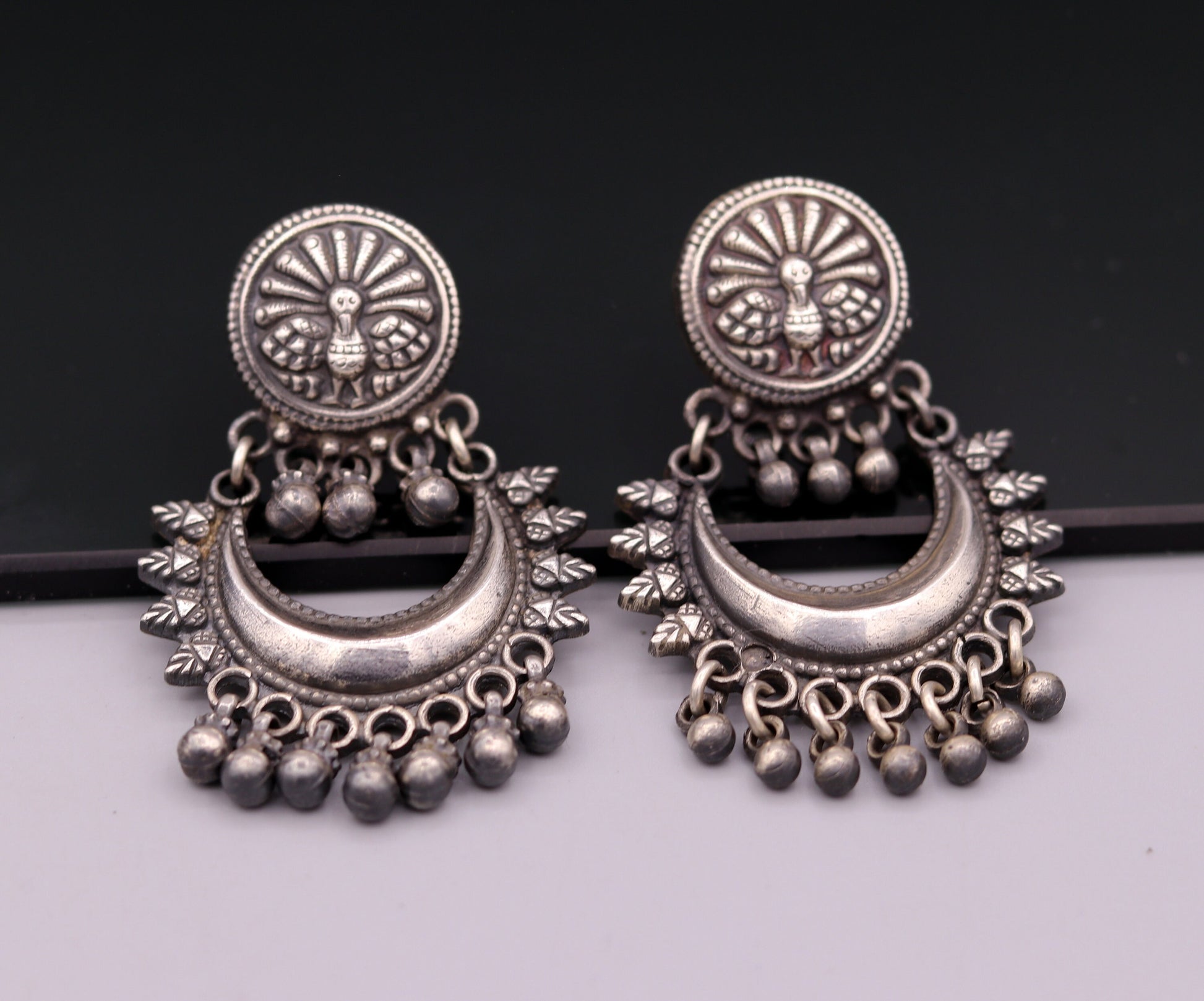 Oxidized 925 sterling silver tribal Earrings,half moon earrings, stud earring hanging bells, drop dangle jewelry wedding party jewelry s380 - TRIBAL ORNAMENTS