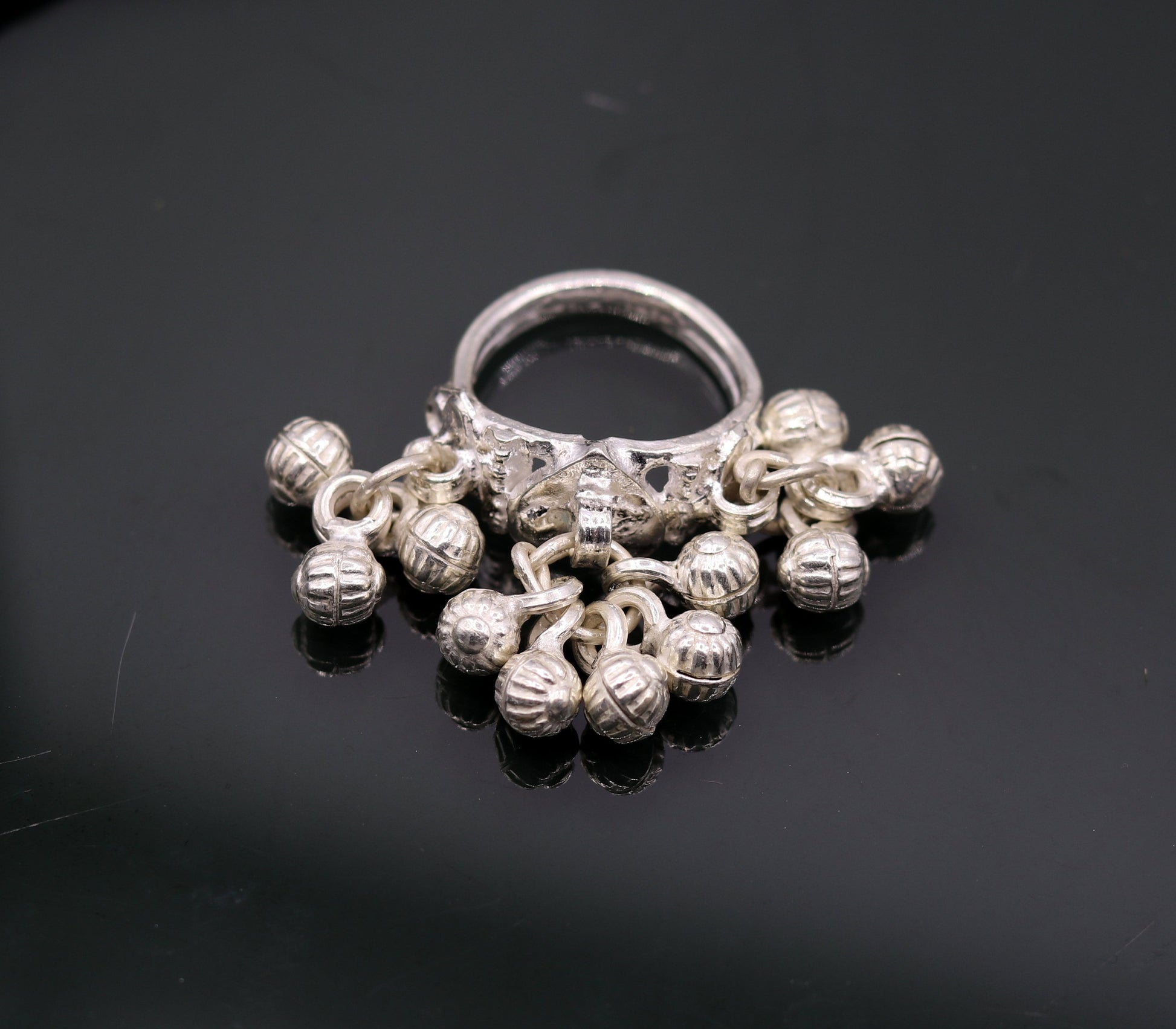 Sterling silver handmade gorgeous charm ring with fabulous noisy bells, excellent belly dance tribal antique jewelry india sr208 - TRIBAL ORNAMENTS