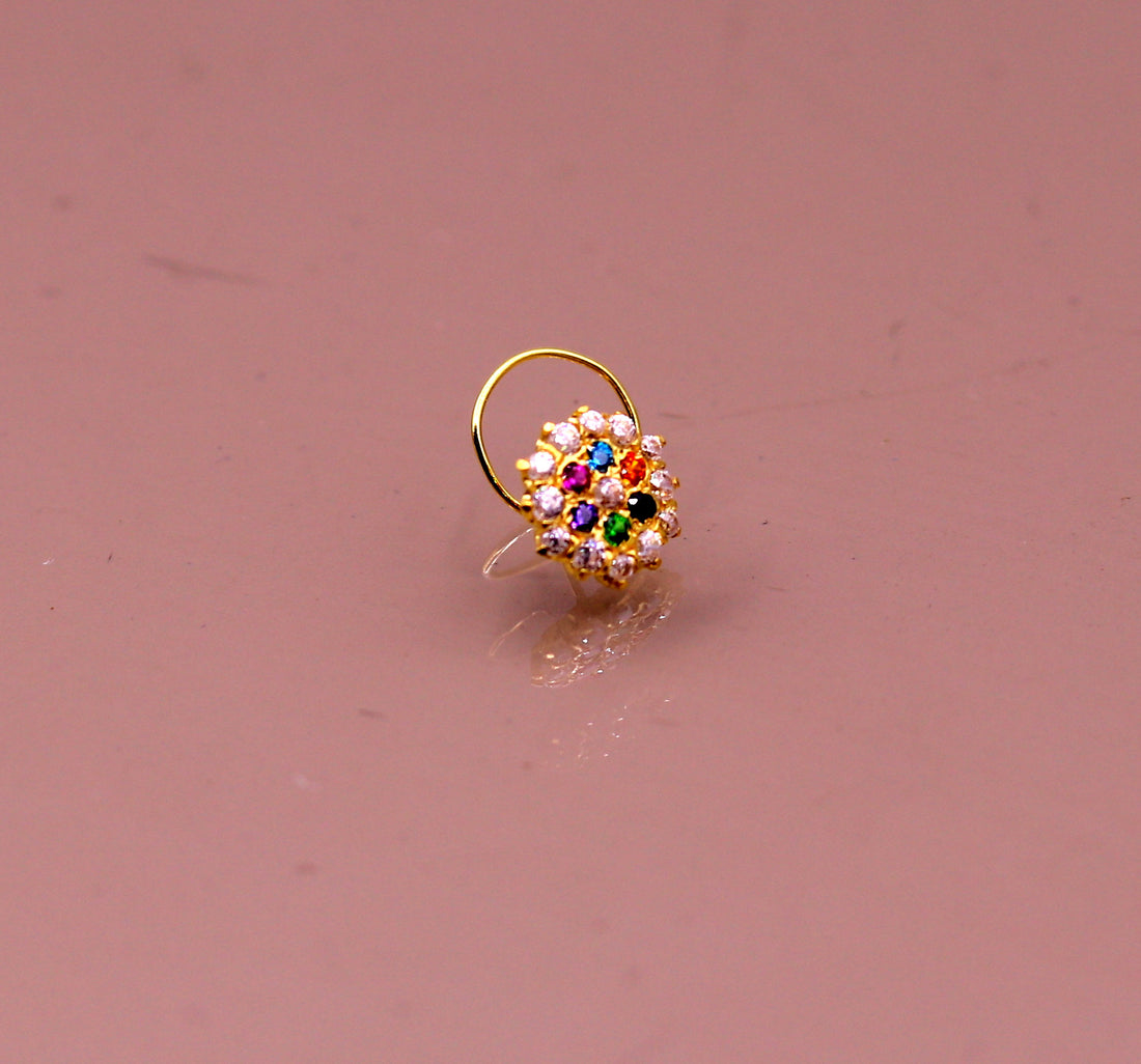18kt yellow gold handmade fabulous multi color stone cubic zircon nose stud,excellent women girls daily use jewelry from Rajasthan gnp15 - TRIBAL ORNAMENTS