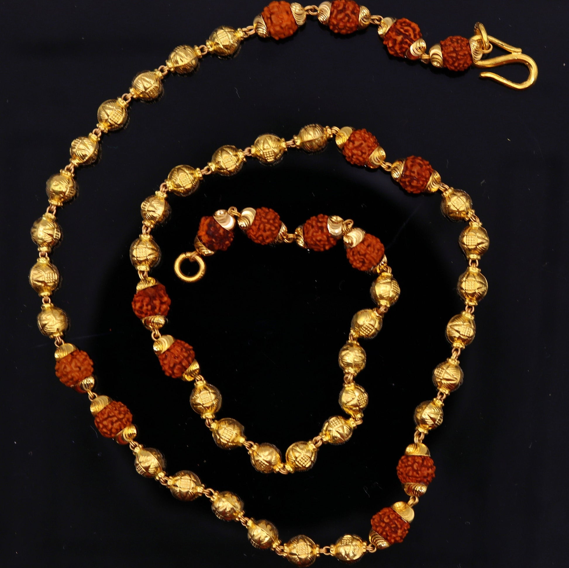 Vintage 22k yellow gold handmade engraved gold beads with natural rudraksha chain gorgeous unisex chain necklace jewelry - TRIBAL ORNAMENTS