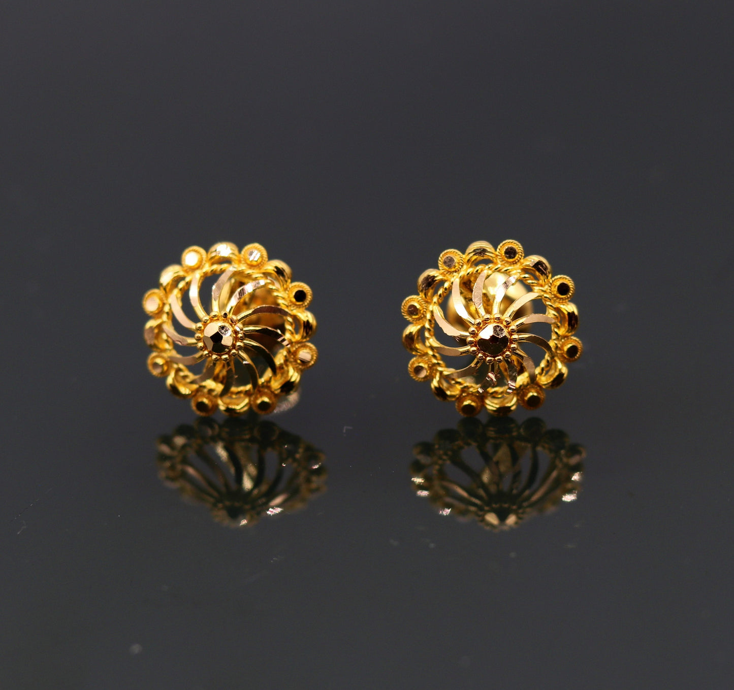 Fabulous 22kt yellow gold handmade stud earrings filigree work solid Stud Earrings stylish modern jewelry from india - TRIBAL ORNAMENTS