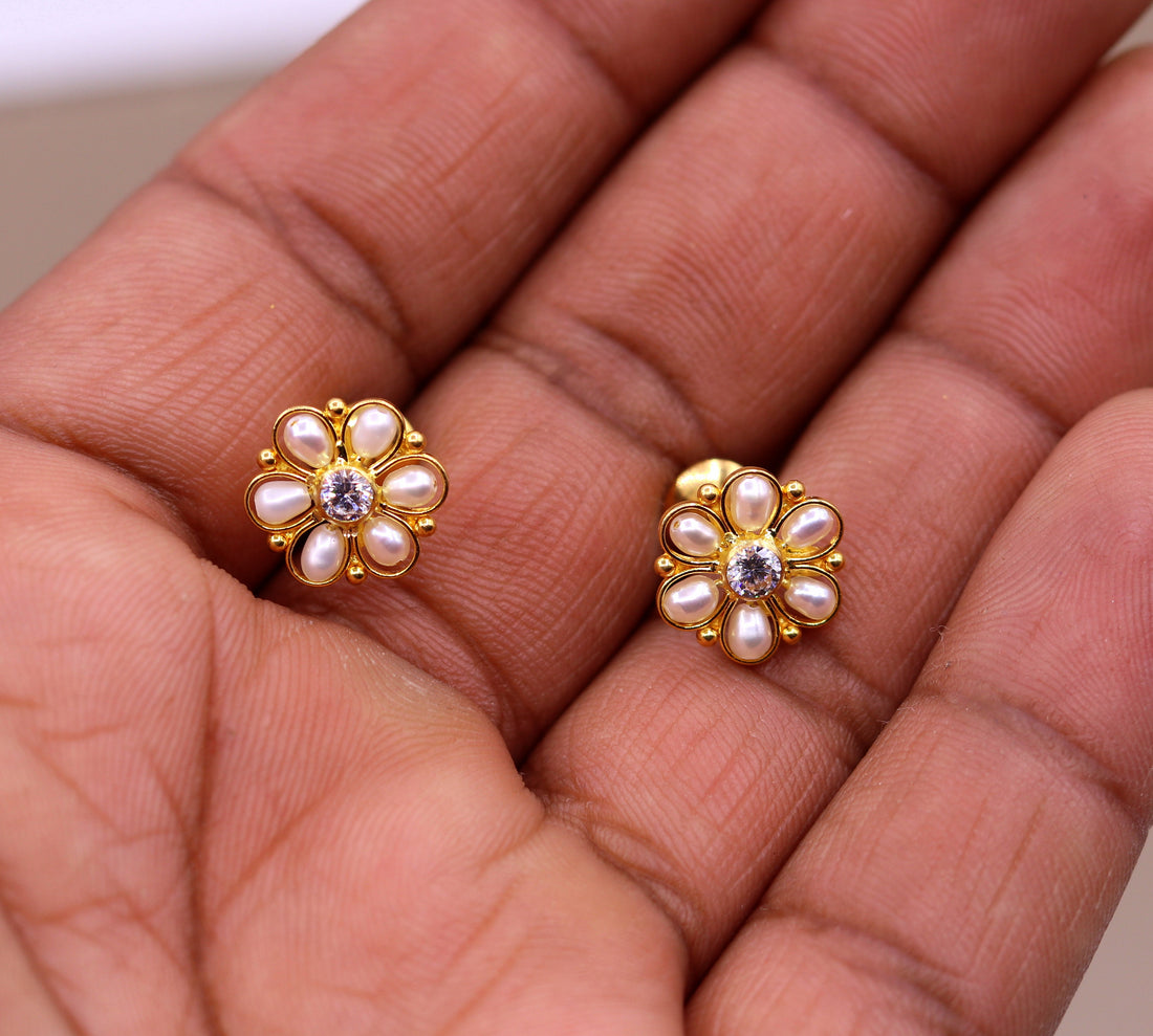 22kt yellow gold handmade stud earrings with fabulous pearl and cubic zircon earrings stylish modern girl's jewelry from india - TRIBAL ORNAMENTS