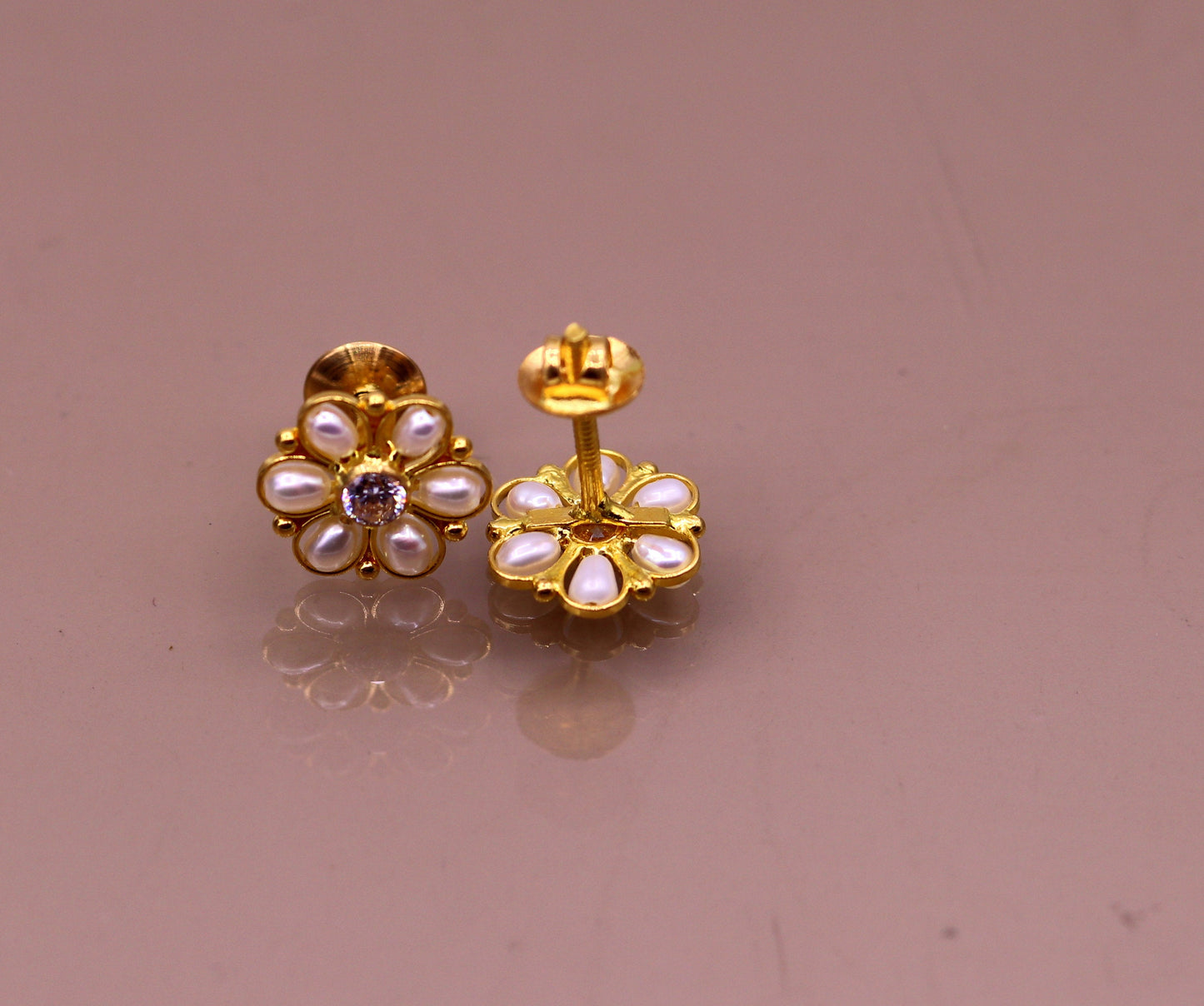 22kt yellow gold handmade stud earrings with fabulous pearl and cubic zircon earrings stylish modern girl's jewelry from india - TRIBAL ORNAMENTS
