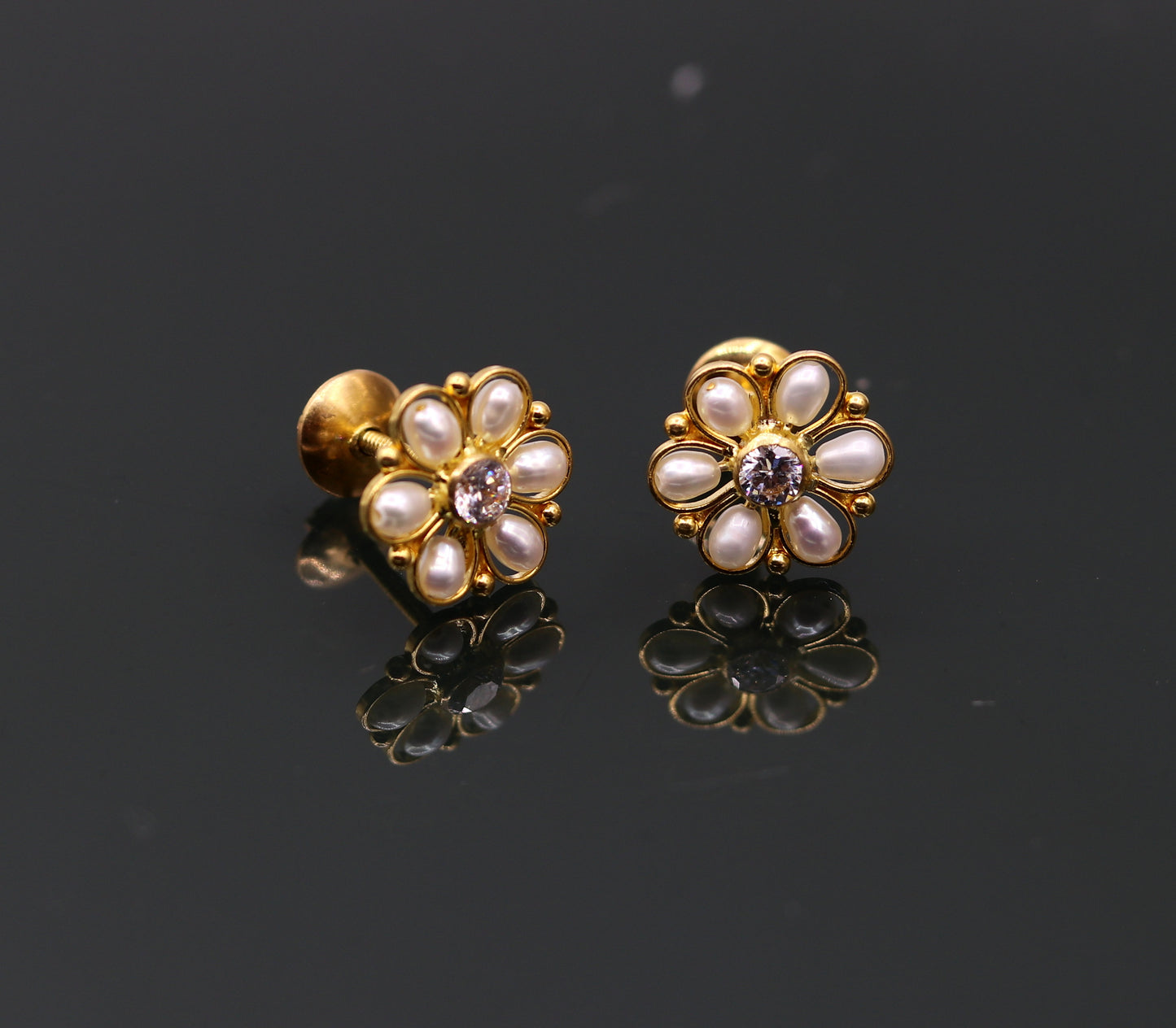 22kt yellow gold handmade stud earrings with fabulous pearl and cubic zircon earrings stylish modern girl's jewelry from india belly dance - TRIBAL ORNAMENTS