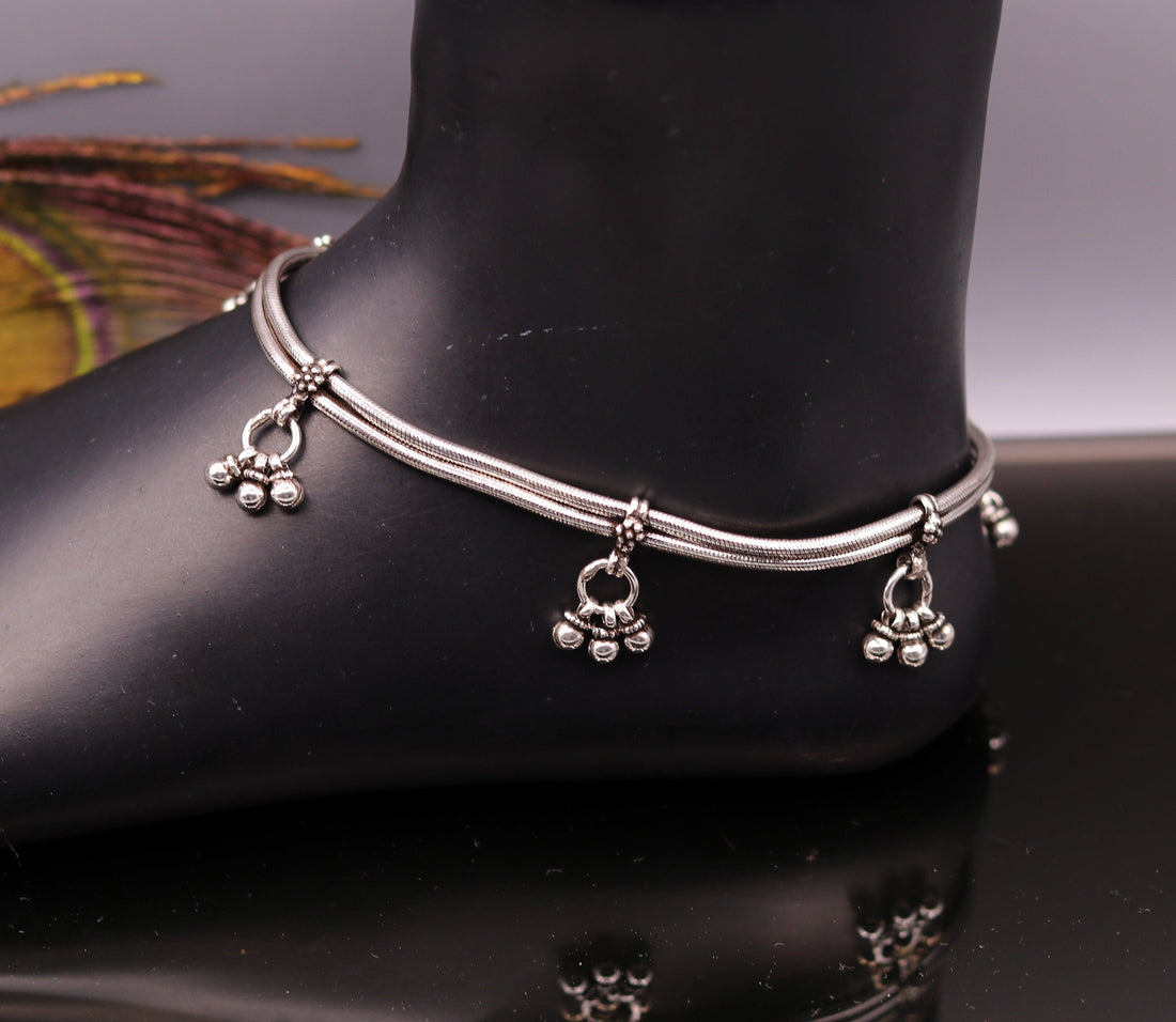 925 Sterling silver handmade charm ankle jewelry vintage design anklet foot bracelet with hanging bells tribal belly dance jewelry ank121 - TRIBAL ORNAMENTS