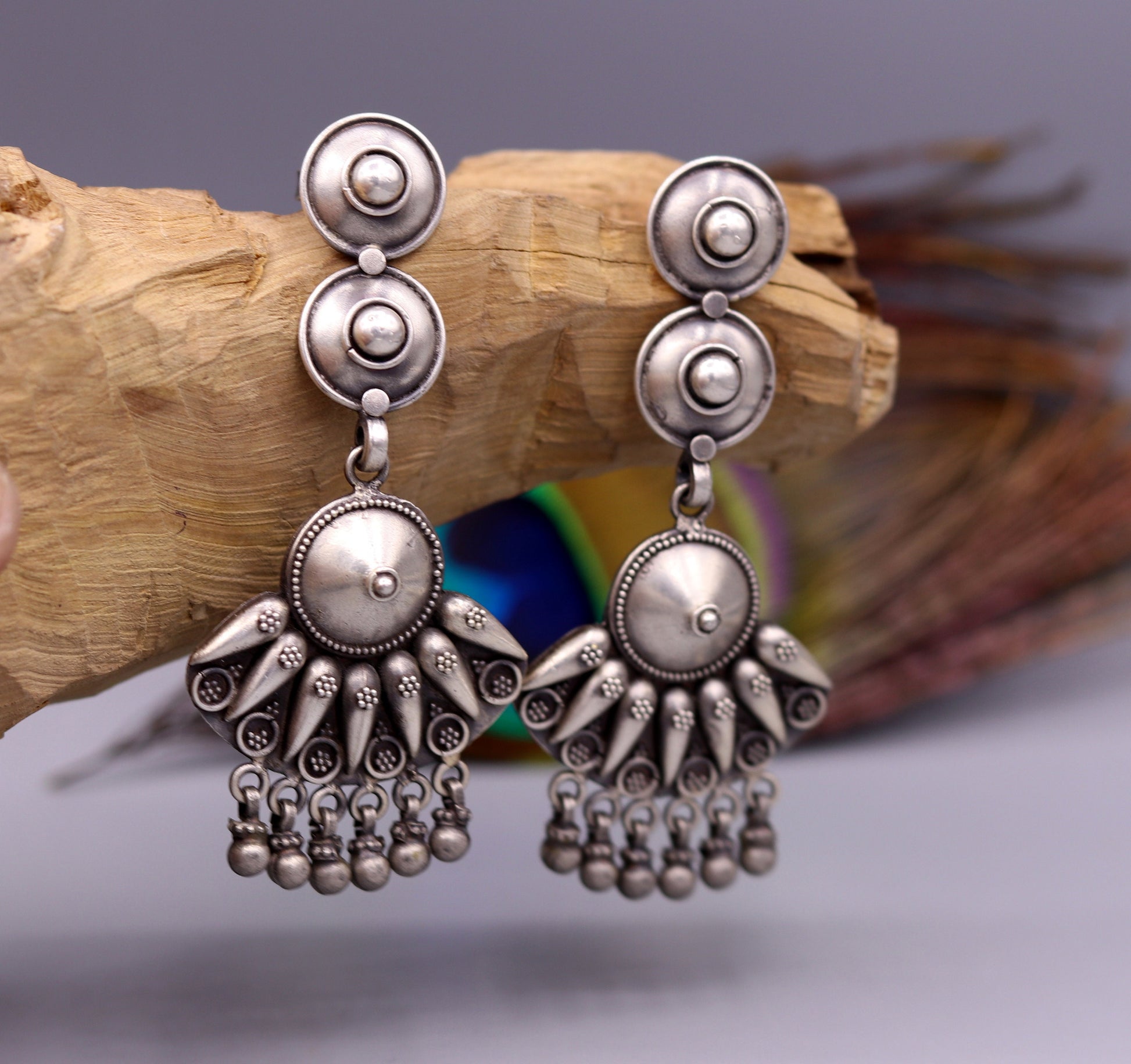 vintage antique design 925 sterling silver drop dangle chandelier long earrings tribal stylish belly dance jewelry from india s680 - TRIBAL ORNAMENTS