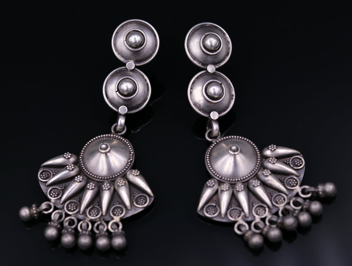 vintage antique design 925 sterling silver drop dangle chandelier long earrings tribal stylish belly dance jewelry from india s680 - TRIBAL ORNAMENTS