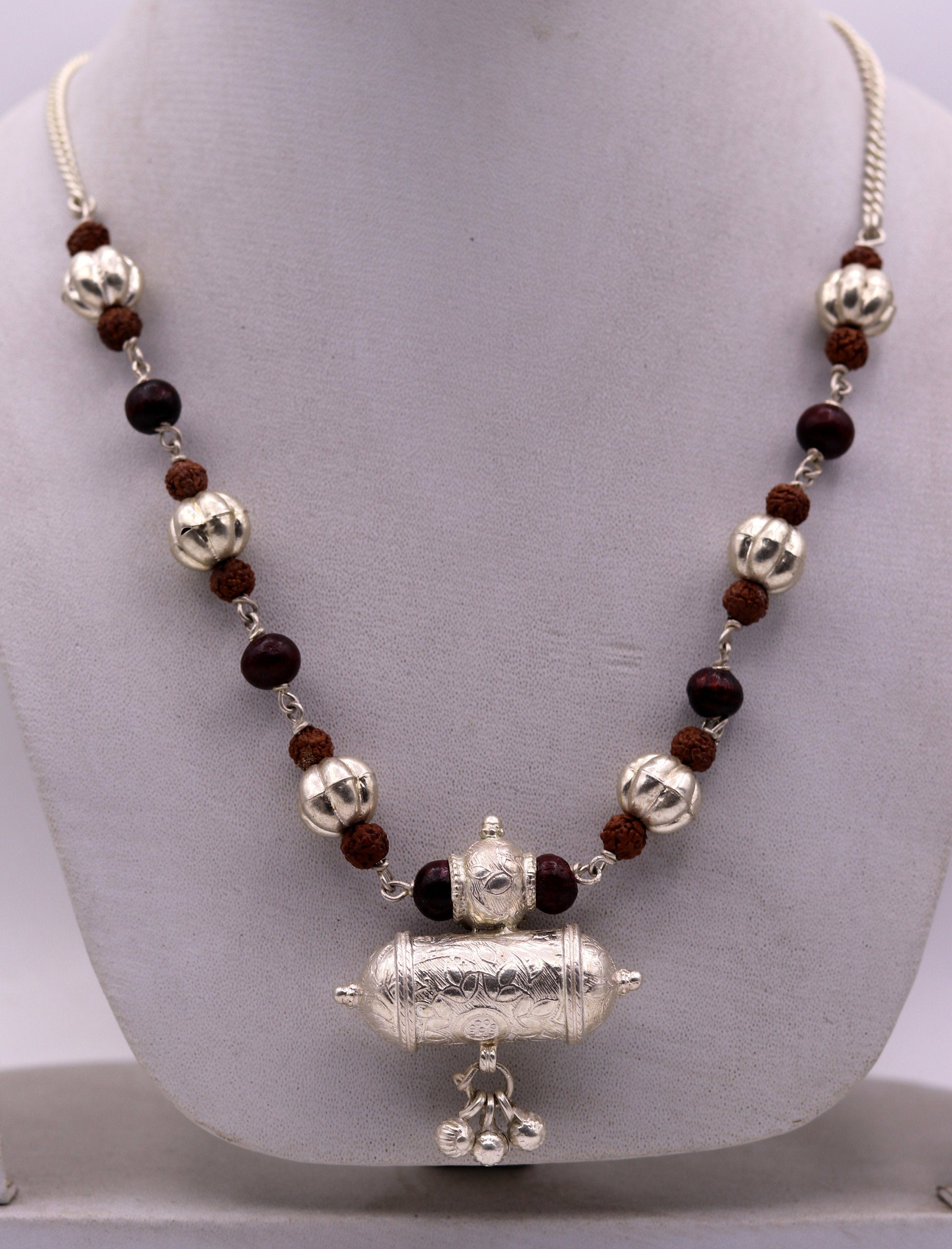 Vintage antique used sterling silver handmade necklace with Rudraksha beads and silver beads necklace tribal jewelry from india set64 - TRIBAL ORNAMENTS