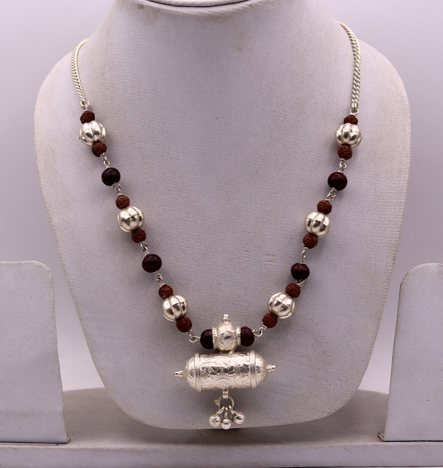 Vintage antique used sterling silver handmade necklace with Rudraksha beads and silver beads necklace tribal jewelry from india set64 - TRIBAL ORNAMENTS